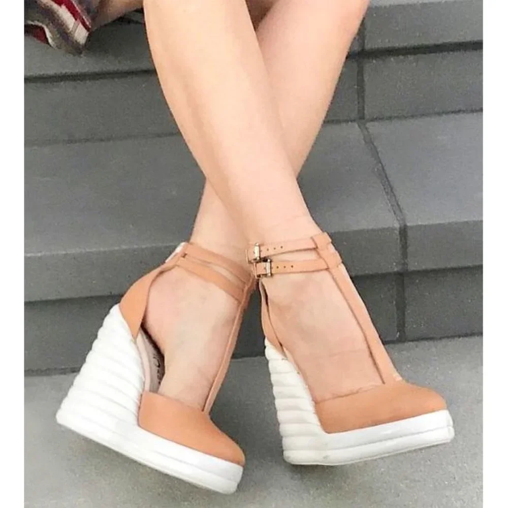 Jeffrey Campbell Sous Wedges Leather Camel White Bubble Strappy Platform Heels 6